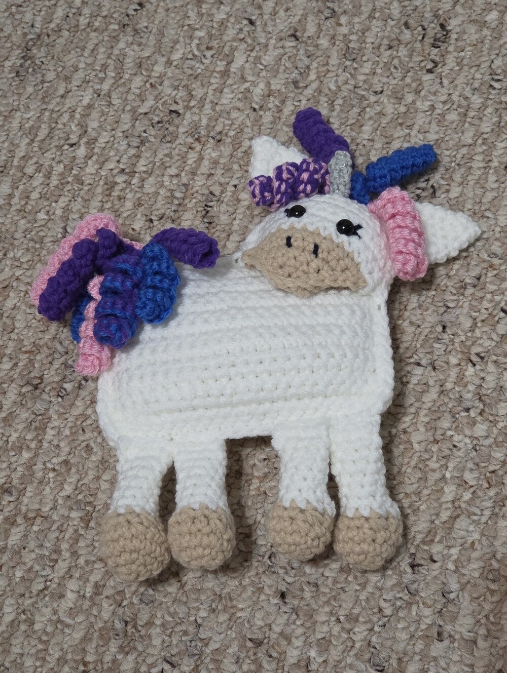 Hand Crafted White Unicorn Plush with Pink, Purple & Blue Mane